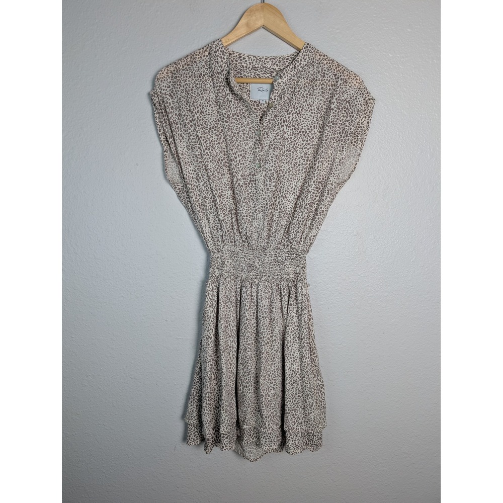 Rails Angelina Dress Sand Cheetah Linen Blend Smocked Waist Mini Beige XS - Picture 2 of 10
